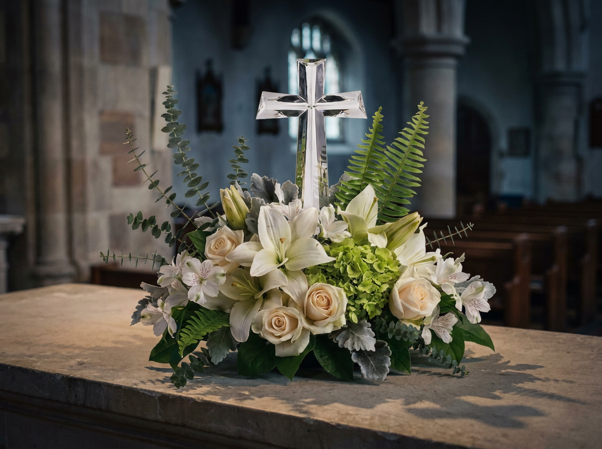 White lilies, crème roses, white alstroemeria, green hydrangea, and leafy greenery arranged with a large crystal cross.