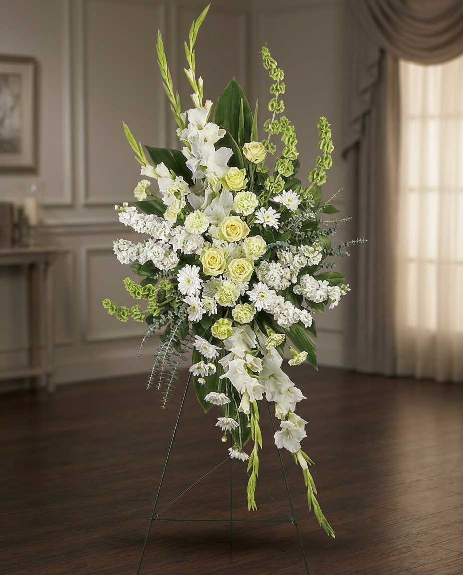 Sympathy spray with green roses, carnations, white gladioli, stock, cushion chrysanthemums, bells of Ireland, and leafy greenery.