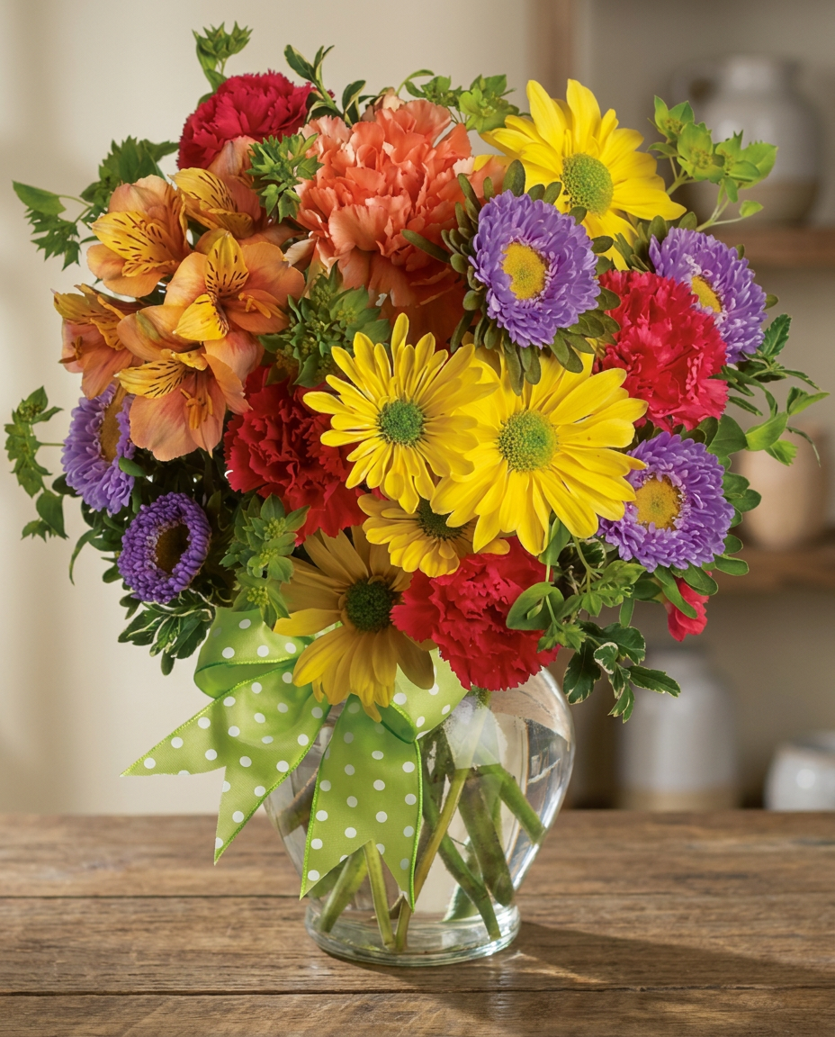 Yellow daisies, purple asters, and red and orange carnations in a clear ginger vase with a green plaid bow.