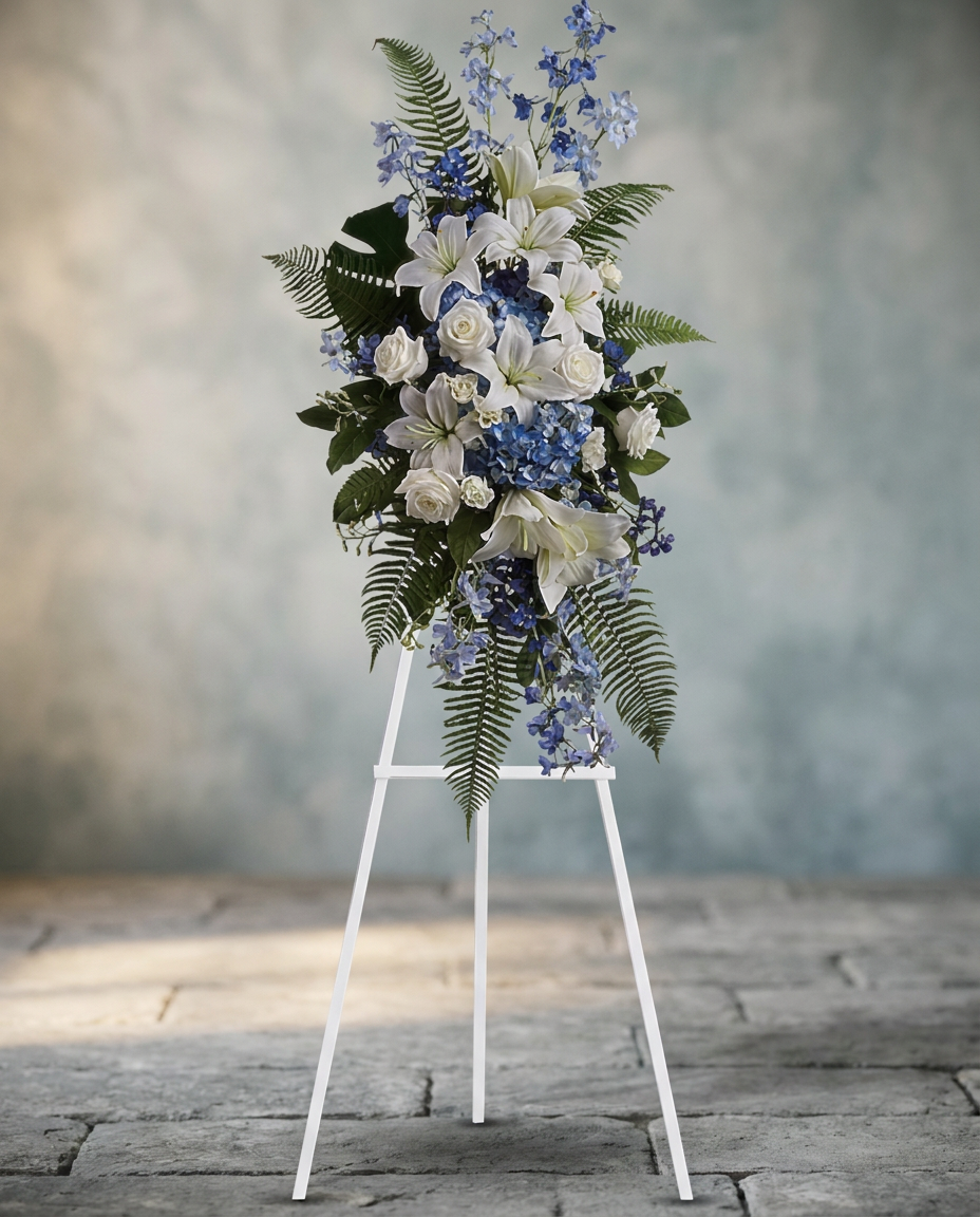 Sympathy spray with white lilies and roses, blue delphinium and hydrangea, and green ferns.
