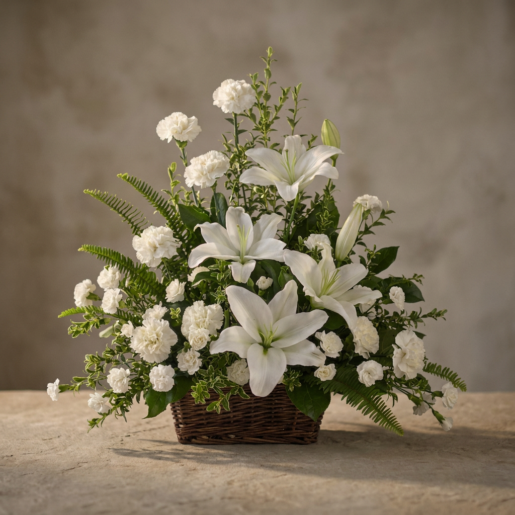 Large basket filled with white lilies, carnations, miniature carnations, and lush greenery.