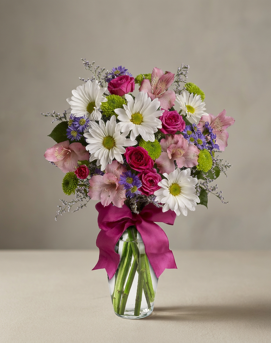 Pink, white, lavender and green flowers arranged in a vase with a pink ribbon bow.