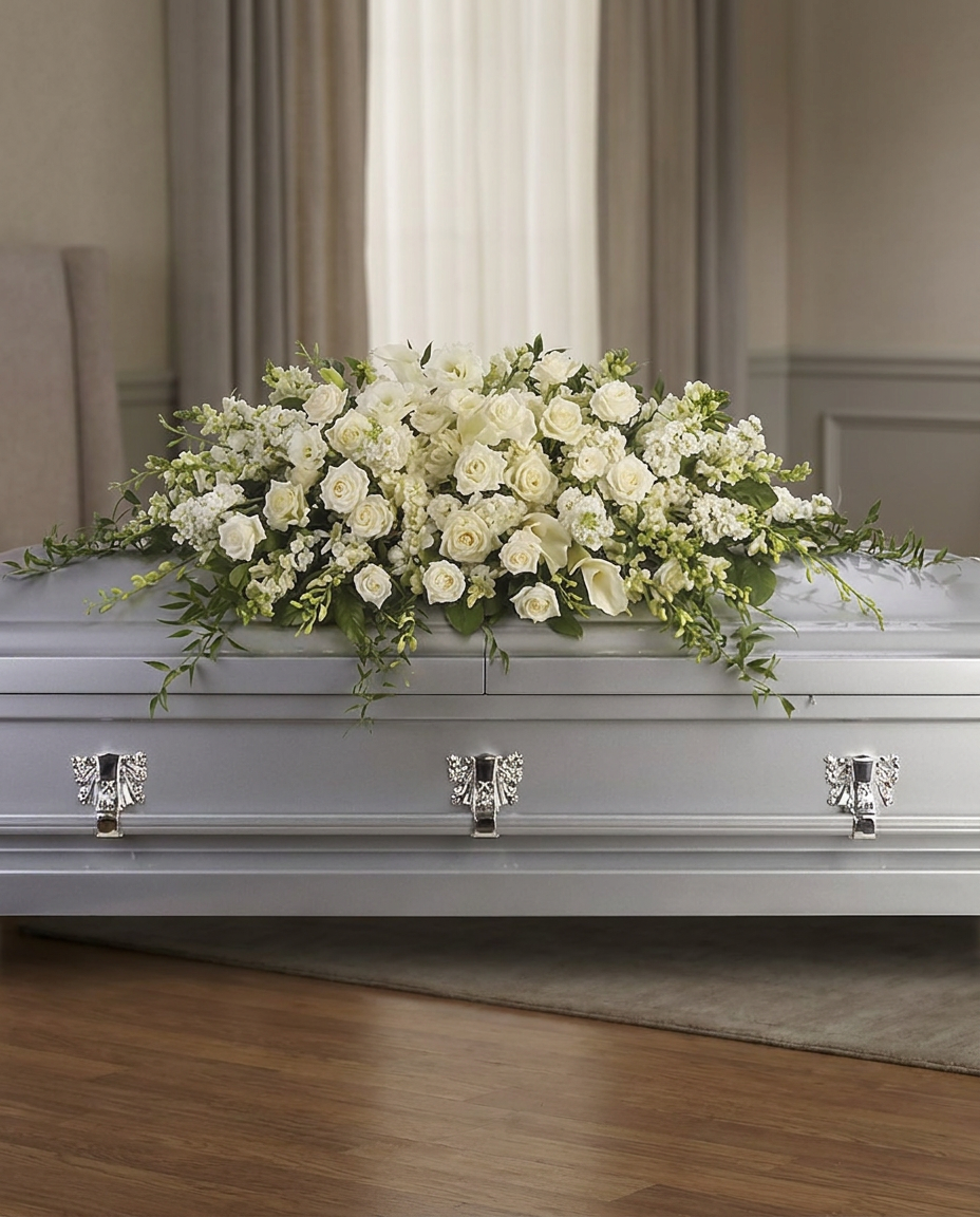 White casket spray with roses, orchids, calla lilies, hydrangea and trailing greenery.
