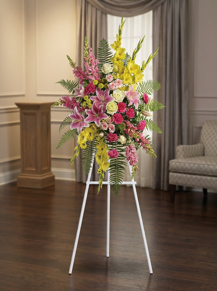 Standing sympathy spray with pink lilies, roses, carnations, green blooms, and greenery displayed on an easel.