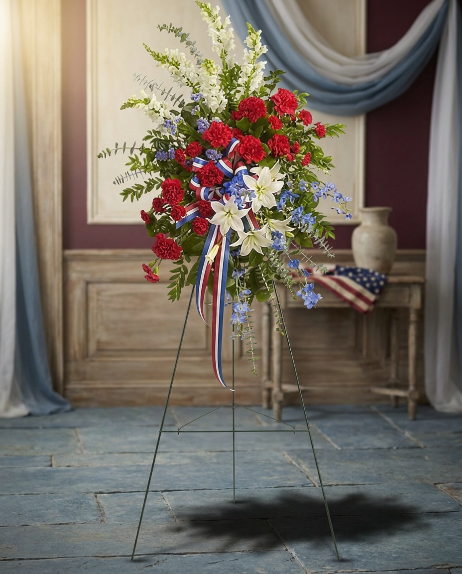 Red carnations, white lilies and snapdragons, blue delphinium and eucalyptus arranged in a standing sympathy spray.