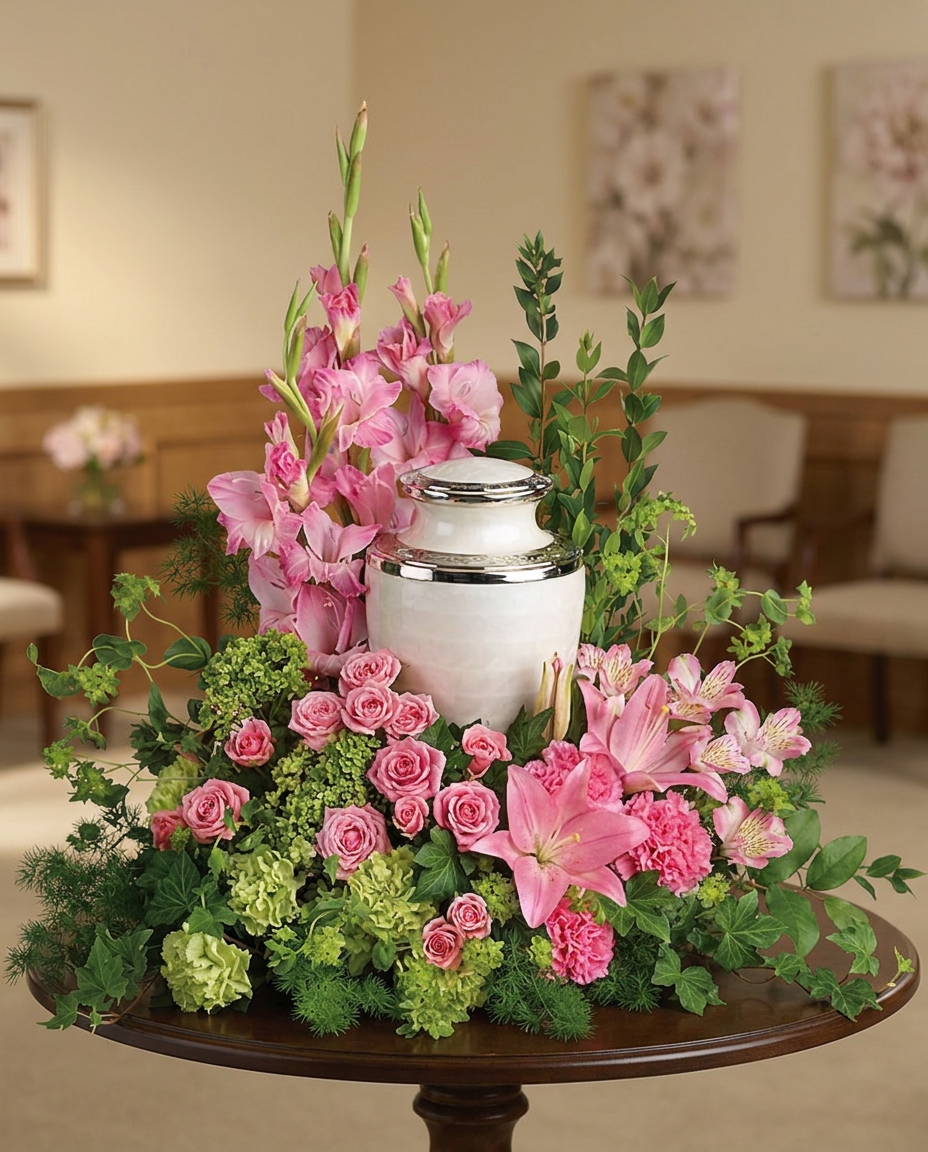 Pink lilies, roses, gladioli, and carnations with green hydrangea and trailing greenery arranged around a cremation urn.
