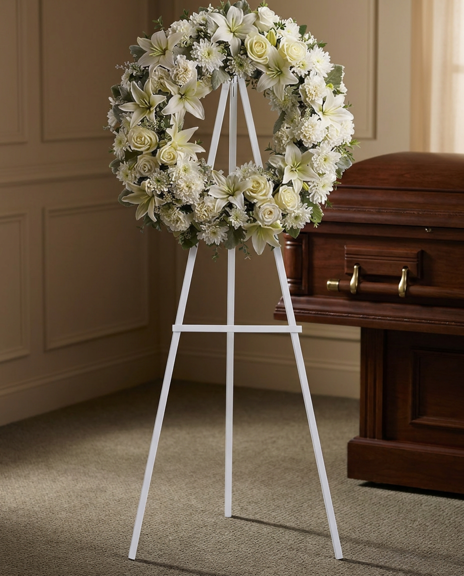 Standing wreath of white roses, lilies, carnations and chrysanthemums with greenery, displayed on an easel.
