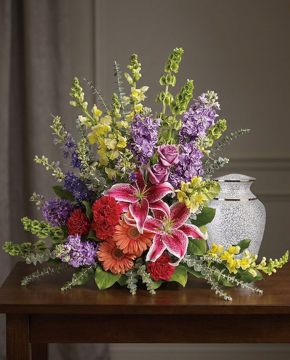 One-sided sympathy arrangement with pink lilies, lavender roses, yellow snapdragons, peach gerberas, and mixed greenery.