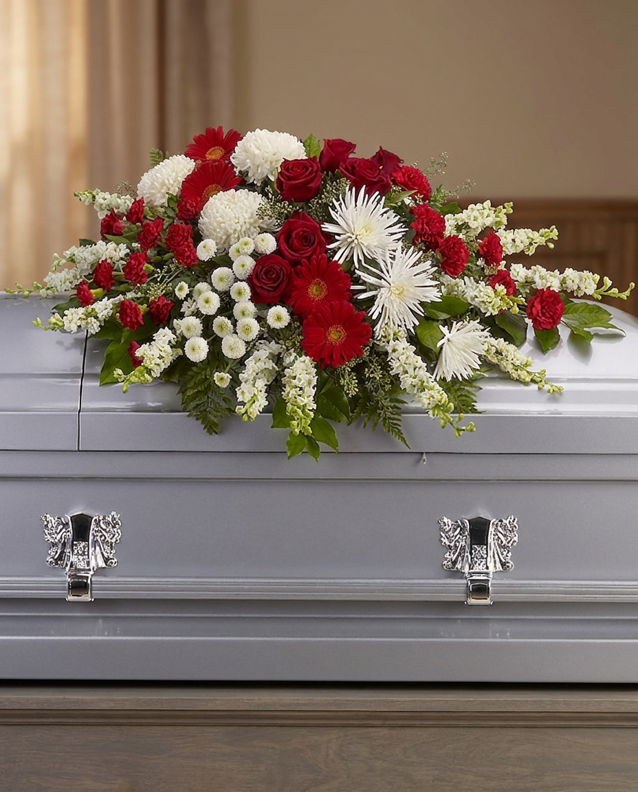 Red roses and gerberas with white chrysanthemums, larkspur, and greenery arranged as a casket spray.