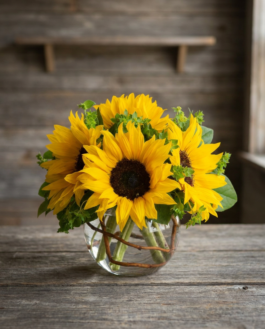 Yellow sunflowers with green bupleurum and salal leaves in a glass bubble bowl with curly willow inside.