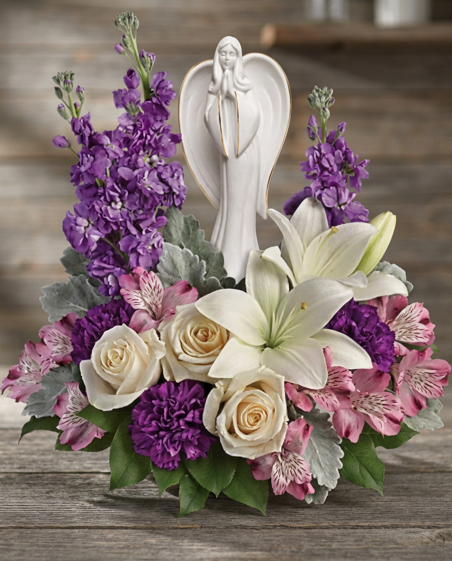 Cream, white, and lavender blooms with roses, lilies, and a graceful angel sculpture.