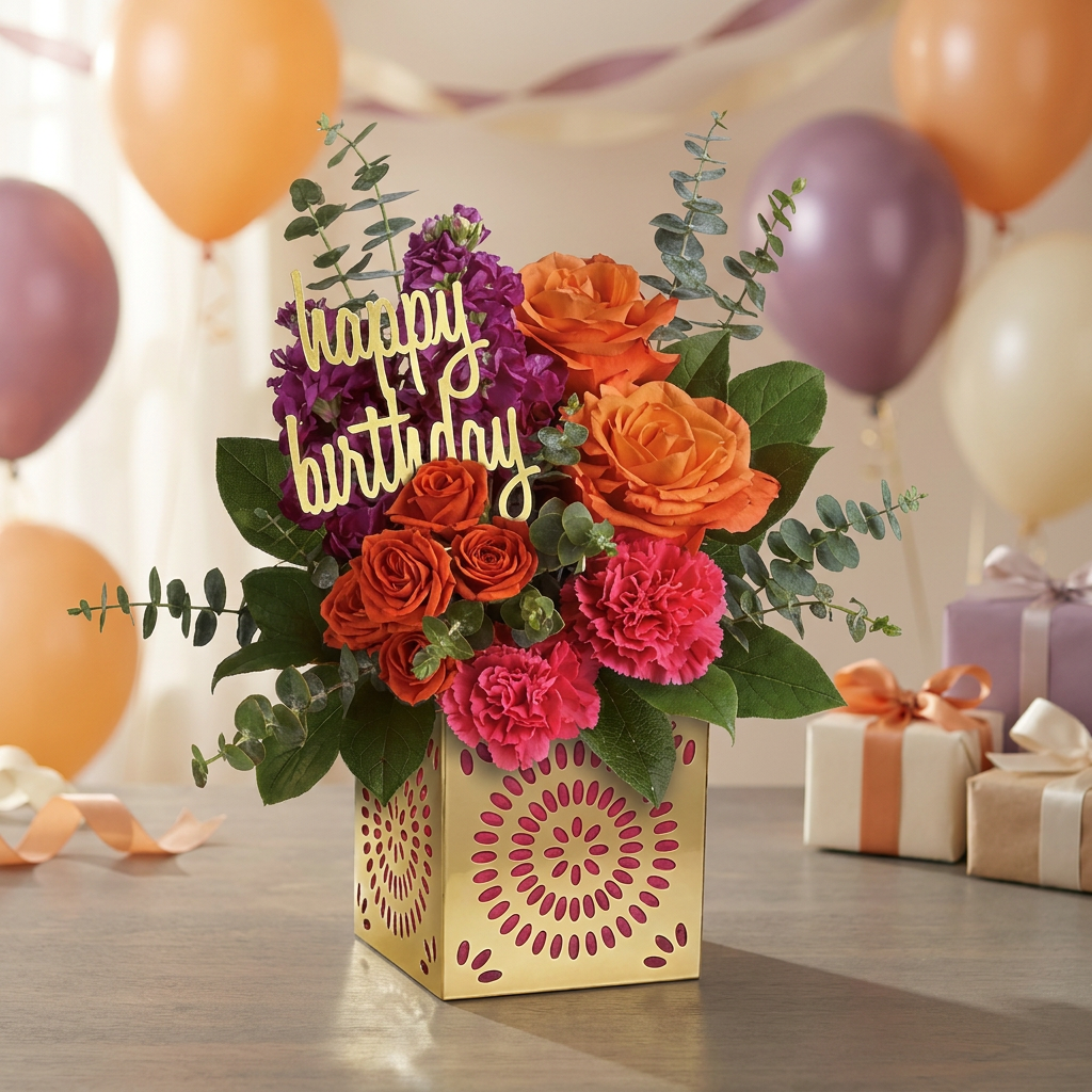 Orange roses, fuchsia stock, pink carnations, and greenery in a decorative gold cube with a birthday pick.