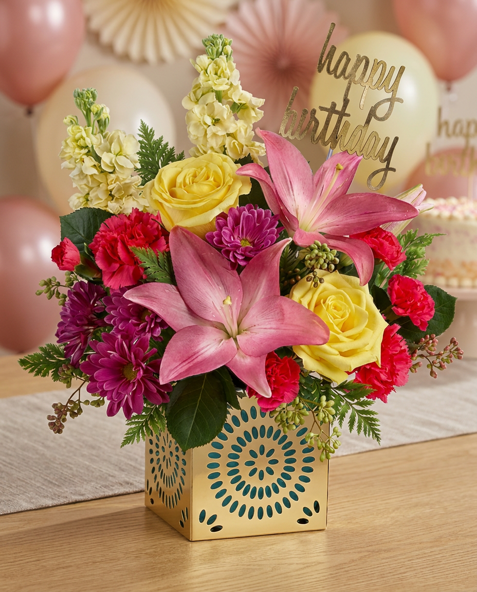Yellow roses, pink lilies and carnations, and purple chrysanthemums in a gold cube with a Happy Birthday pick.