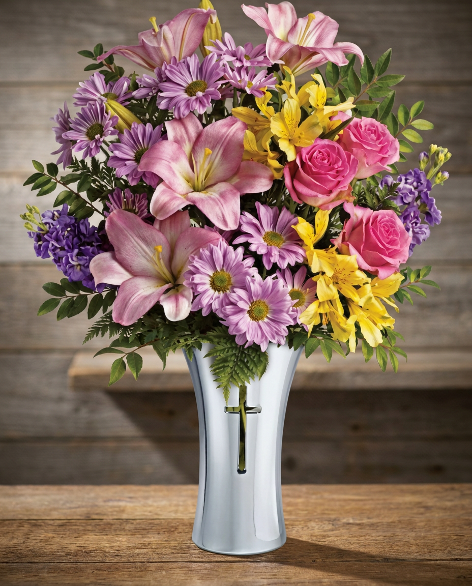 Pink roses and lilies, yellow alstroemeria, lavender flowers, and greenery in a silver-finished vase with a cross cutout.