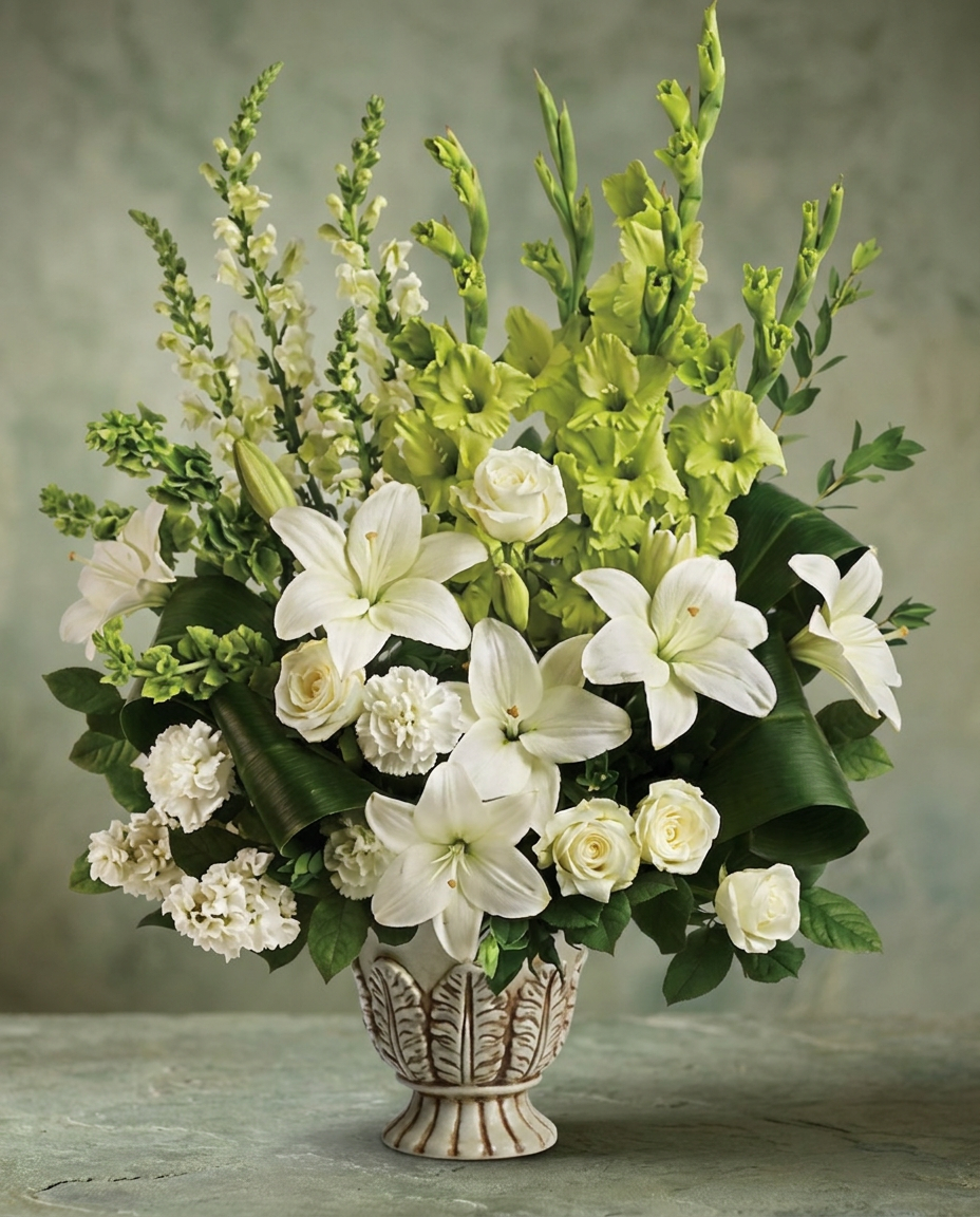 White roses, lilies, carnations, snapdragons, and stock with tall green blooms and foliage in an antiqued pot.