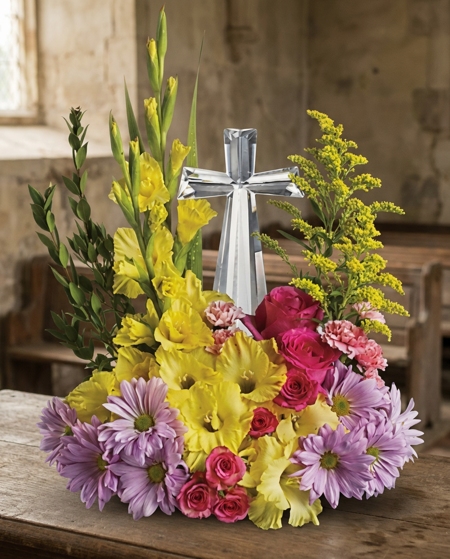 Yellow, lavender, and pink flowers with greenery surrounding a multifaceted crystal cross.