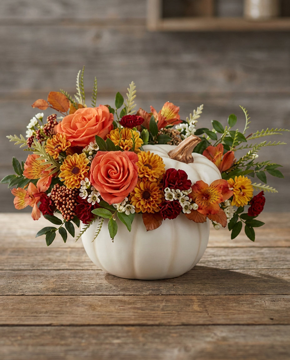 Bouquet of seasonal flowers in warm autumn colors.