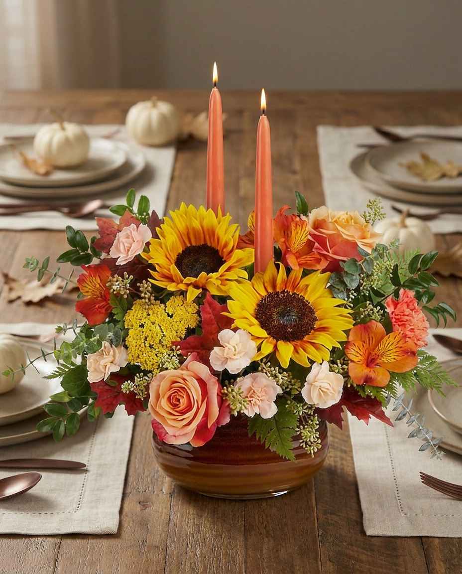 Fall centerpiece with sunflowers, autumn blooms, and taper candles in a warm, glazed Rustic Ember Bowl.