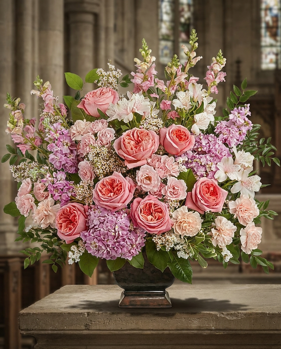 Pink roses, hydrangea and mixed blooms with ivory flowers and greenery in a classic footed urn.