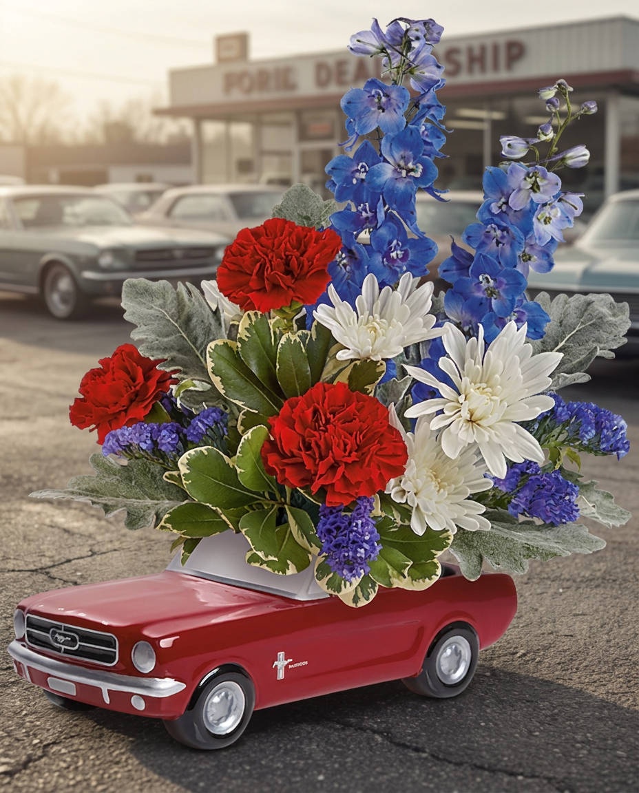 Red ceramic Ford Mustang filled with red carnations, blue delphinium, white chrysanthemums and leafy greenery.