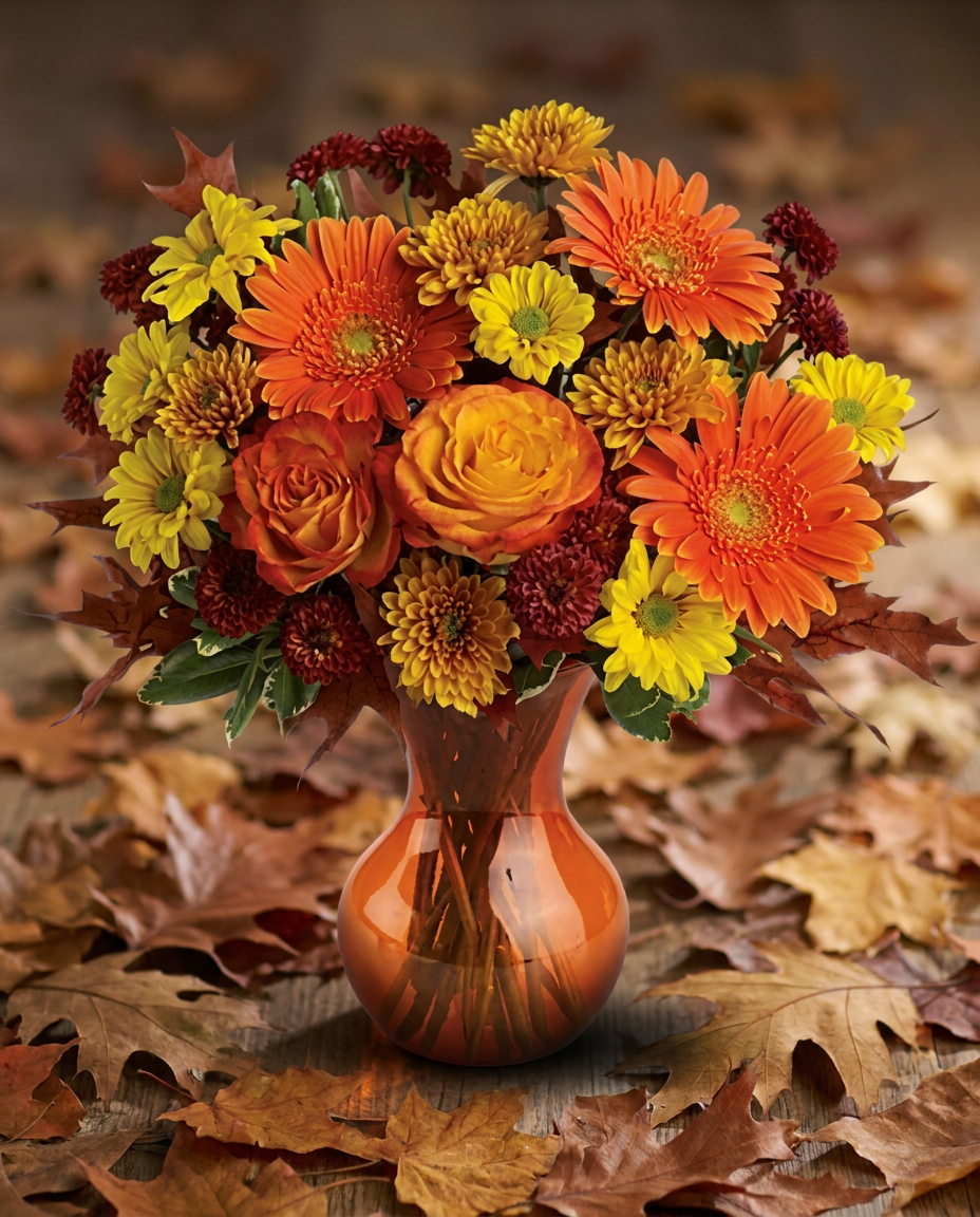 Fall flower arrangement in rich, warm autumn colors.