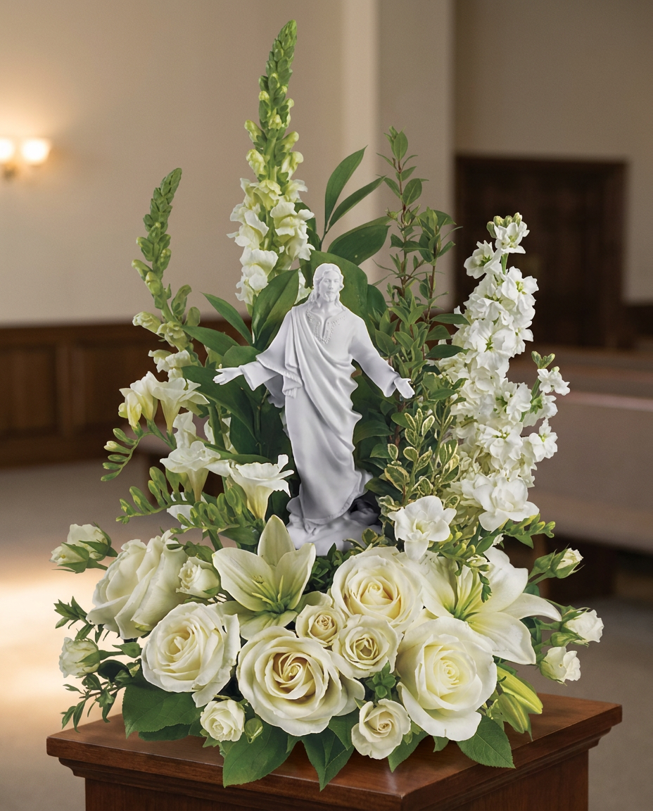 White roses, lilies, stock, snapdragons and freesia with greenery surrounding a porcelain sculpture of Jesus.