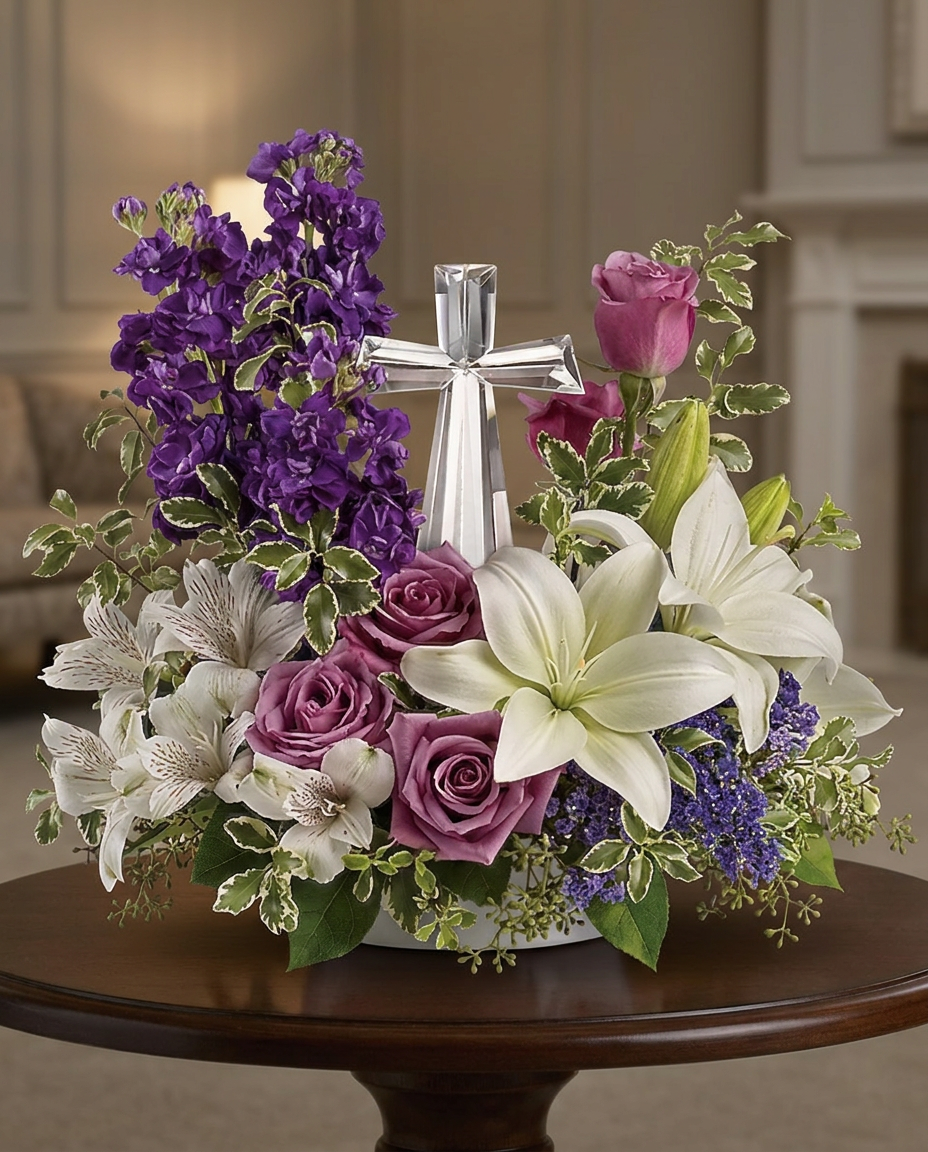 Roses, lilies, and alstroemeria arranged around a gleaming crystal cross.