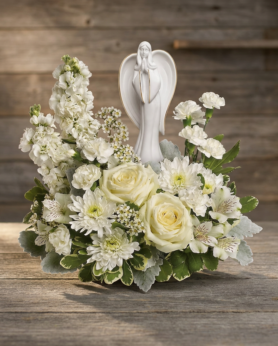 Angel figure surrounded by white roses, alstroemeria, and stock.