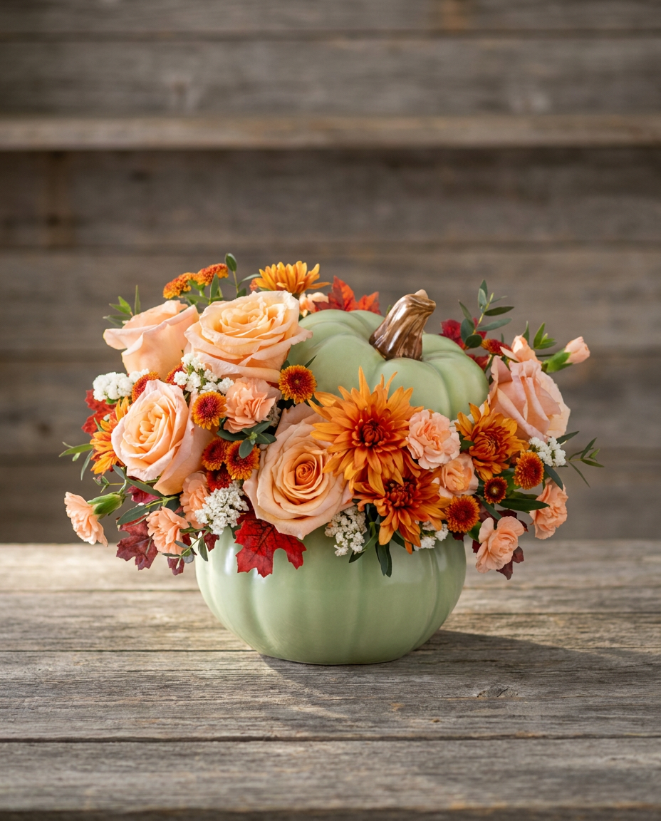 Peach roses, carnations, bronze chrysanthemums, white statice, and mixed foliage arranged in a sage ceramic pumpkin.