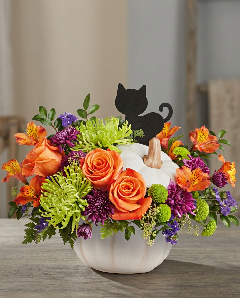 Colorful autumn flower arrangement with seasonal accents.