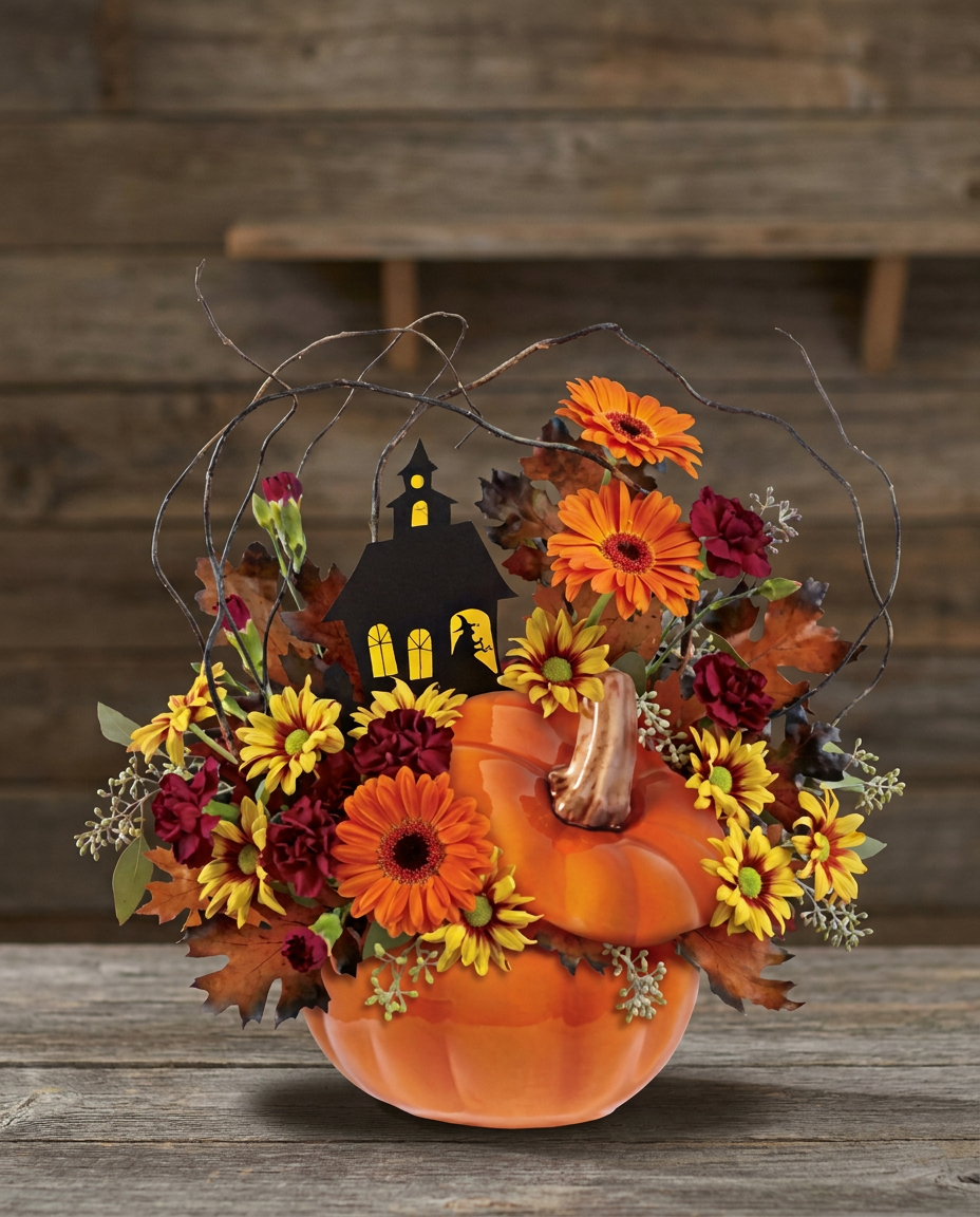 Purple roses, orange lilies, and seasonal accents arranged in a haunted house themed container.