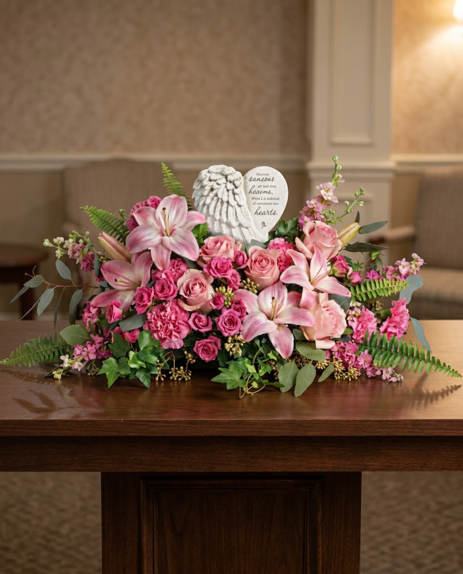 Pink roses, lilies, carnations, and larkspur with lush greenery surrounding a porcelain Heaven's Heart Keepsake.
