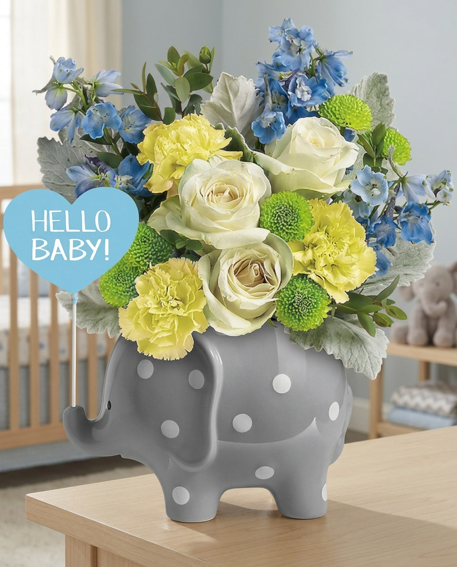 White, yellow, blue, and green flowers with leafy greenery in a polka-dotted elephant vase.