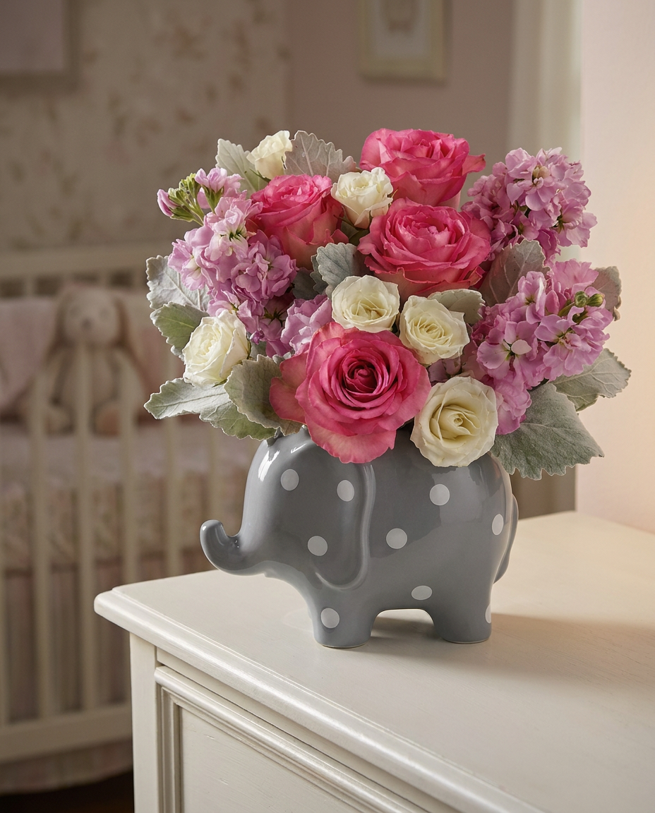 Pink roses, white spray roses, pink stock, and dusty miller arranged in a polka-dotted ceramic elephant.