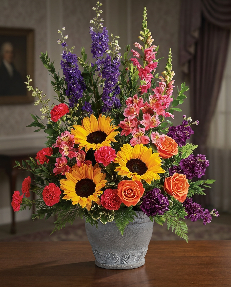Yellow sunflowers, orange roses, pink and purple flowers, and greenery arranged in an antiqued Parisian Garden Pot.