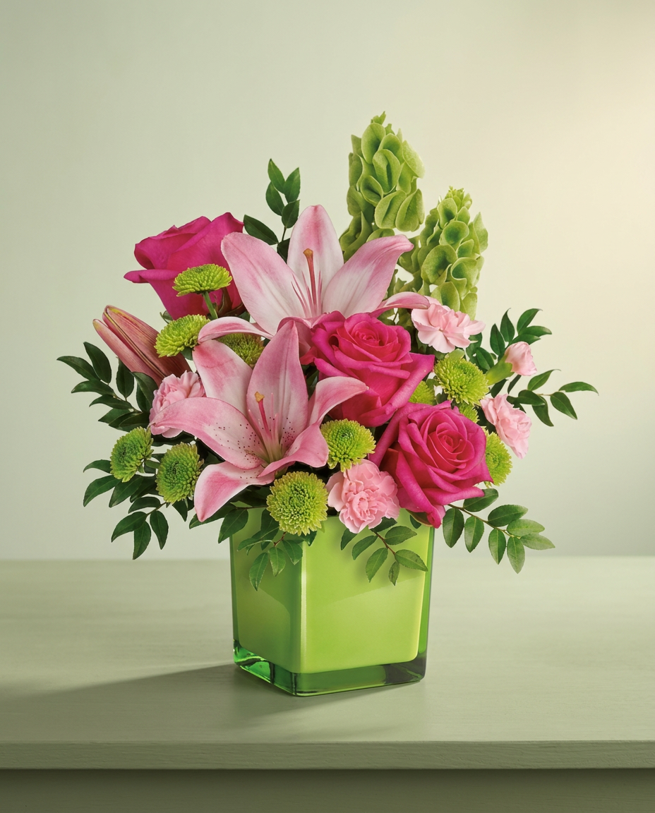 Pink roses, lilies, and miniature carnations with green chrysanthemums and bells of Ireland in a green glass cube.