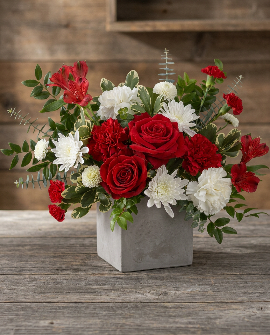 Red roses, alstroemeria, and carnations with white blooms and greenery in a concrete-inspired cube vase.