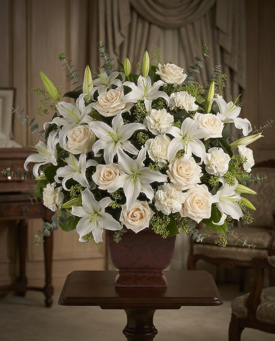 Cream roses, white lilies, carnations, and eucalyptus arranged in a Noble Heritage urn.