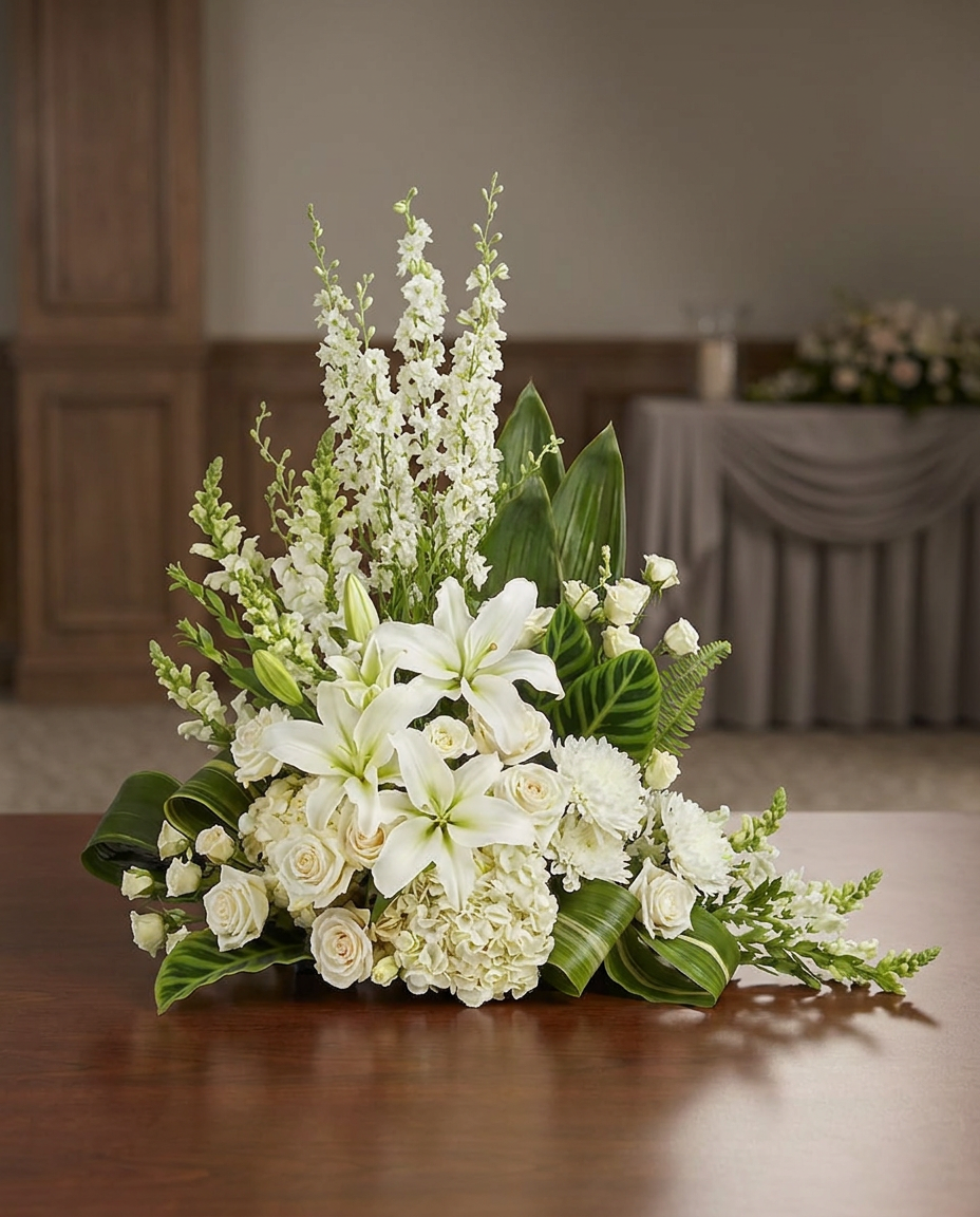 Ivory hydrangeas, white roses, snapdragons, and larkspur with lush green leaves and airy fern in a cremation tribute.