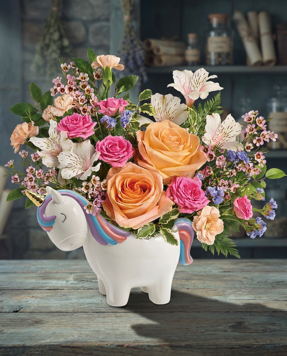Peach and pink roses with white, blue, and pink flowers in a hand-painted ceramic unicorn keepsake.