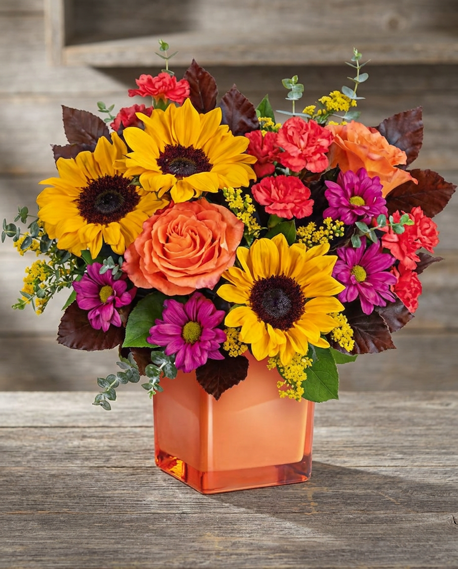 Orange roses, golden sunflowers, and purple blooms arranged in a bright orange cube vase.