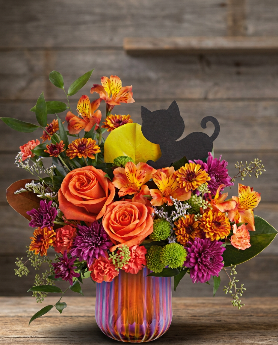 Seasonal flower arrangement with playful Halloween accents.
