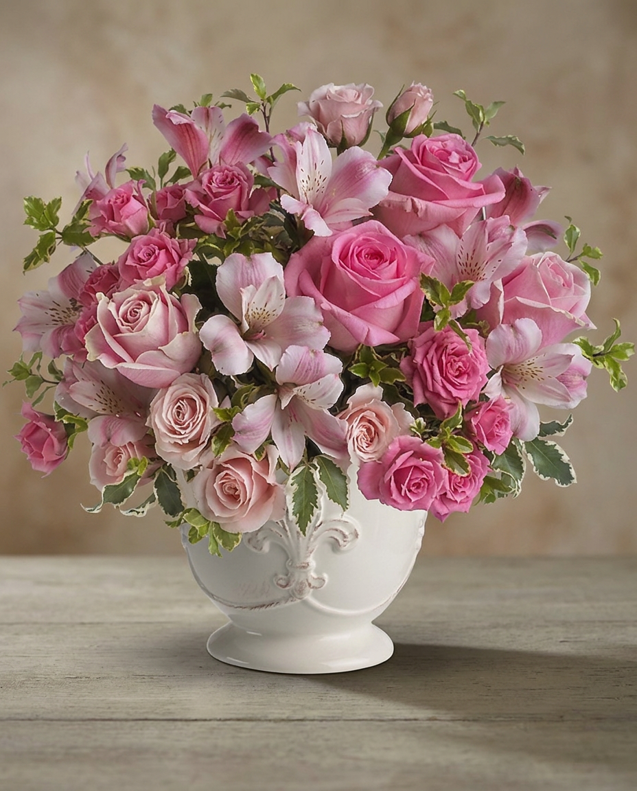 Pink roses, spray roses, and alstroemeria with fresh greenery arranged in a French Country Pot.