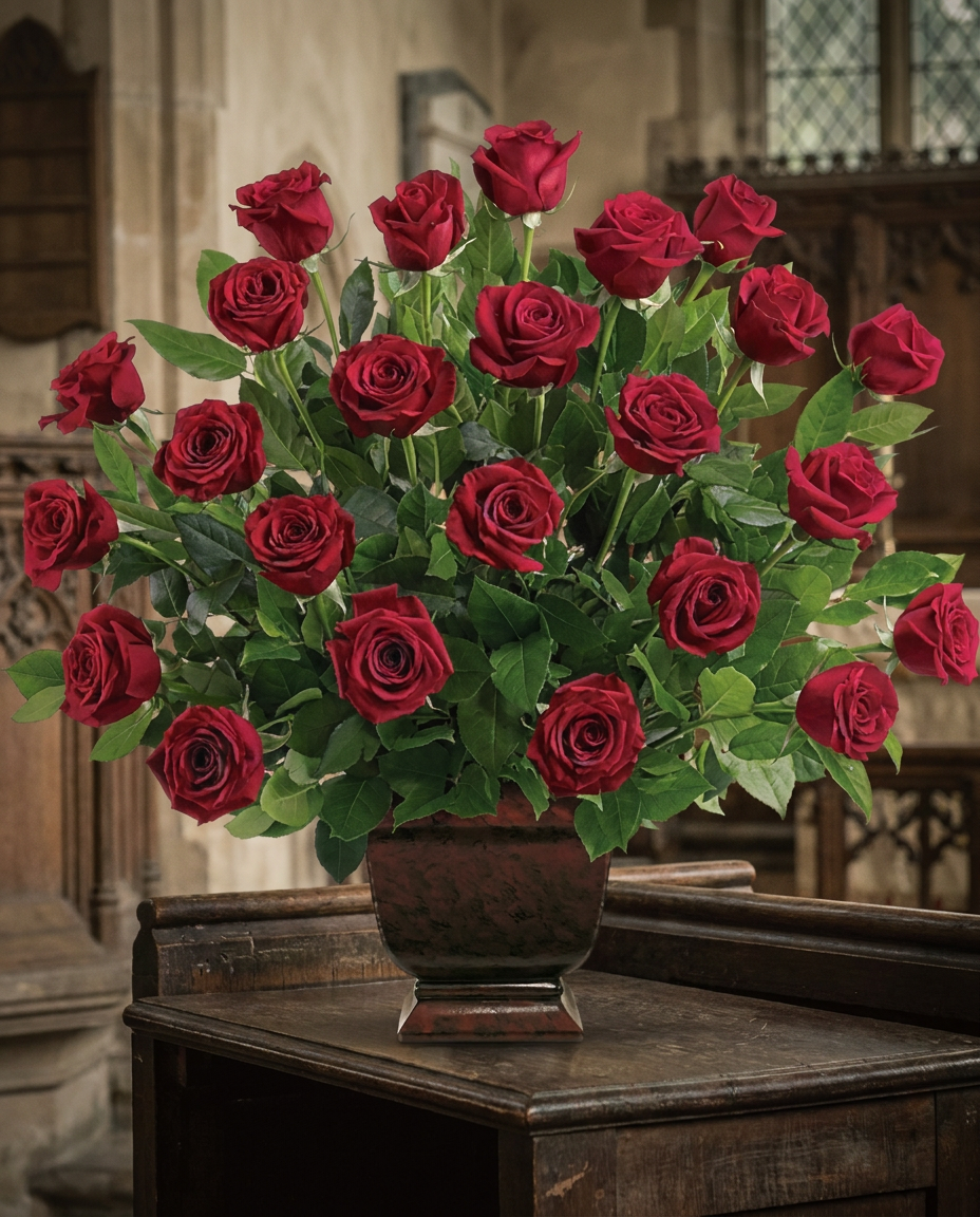Two dozen red roses accented with salal greenery in a Noble Heritage Urn.
