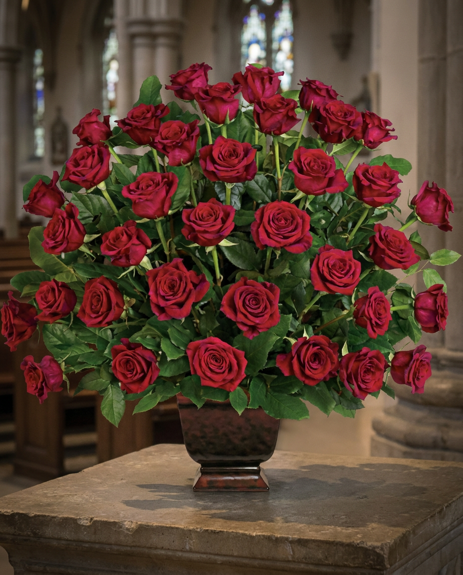 Two dozen red roses accented with salal greenery in a Noble Heritage Urn.