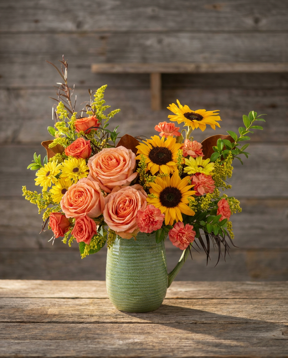 Autumn bouquet with sunflowers, peach roses, orange blooms, and seasonal greenery in a textured sage pitcher.