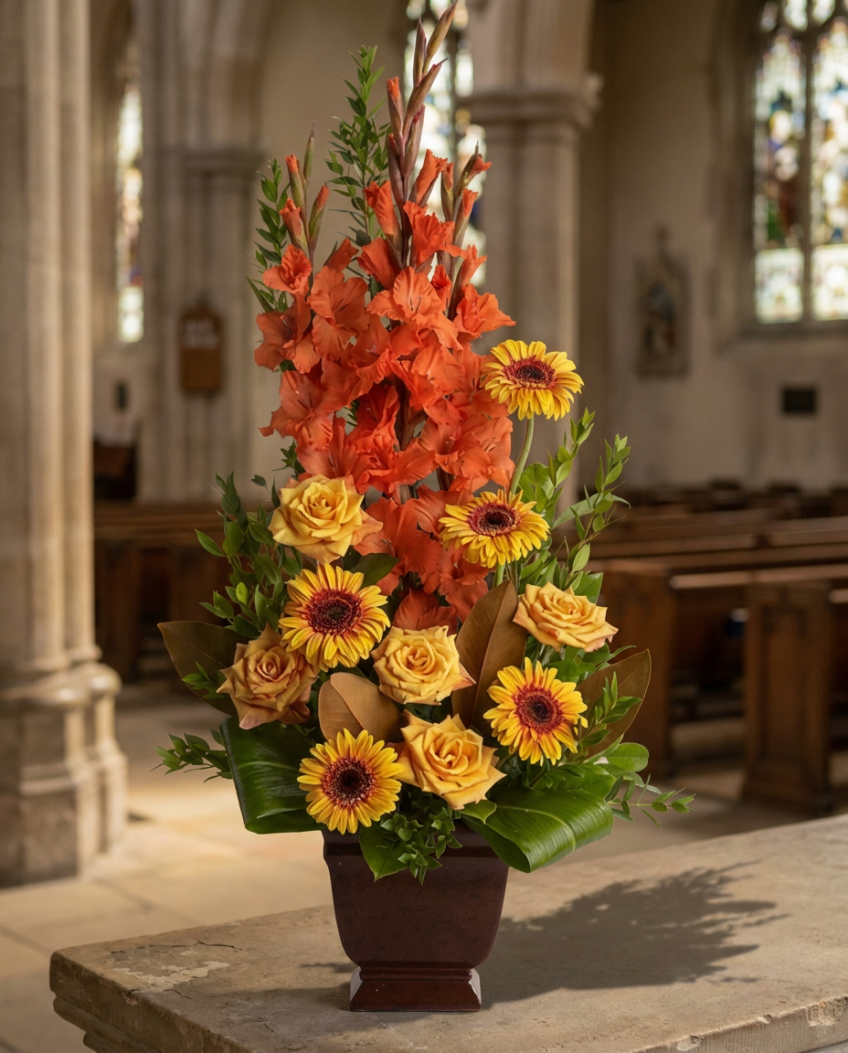 Orange roses, gerberas and gladioli with ti and magnolia leaves in a Noble Heritage urn.