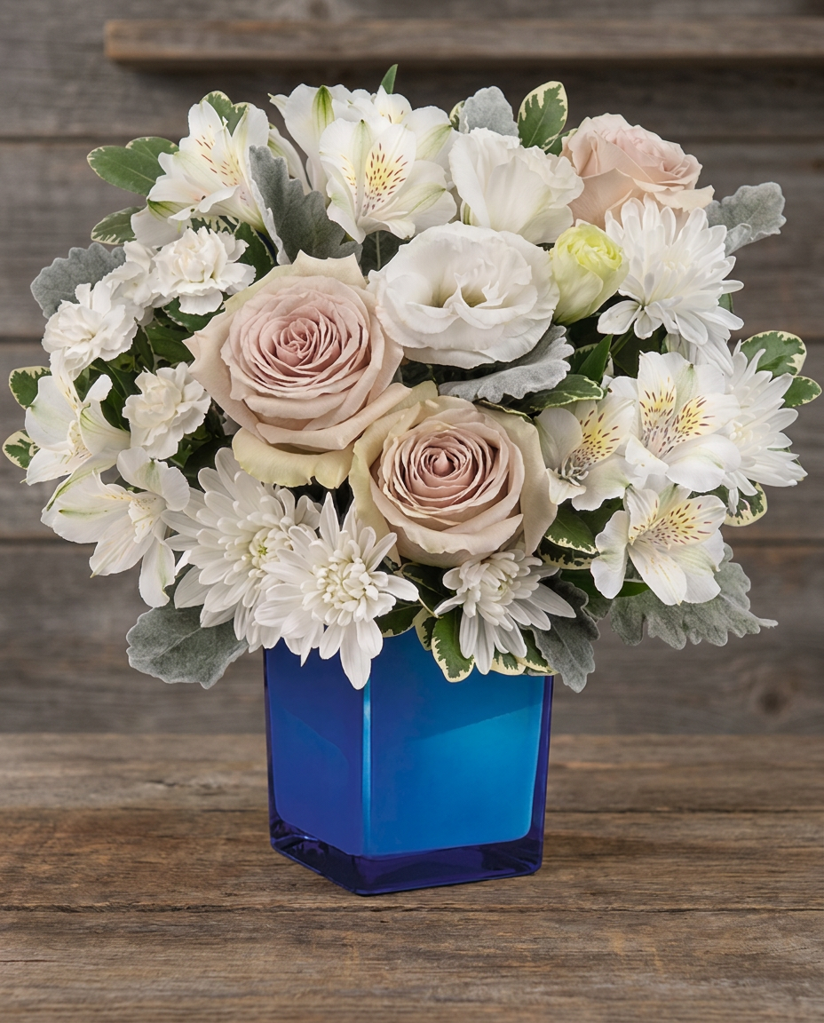 Cream roses and white flowers with silvery foliage in a cobalt blue glass cube vase.