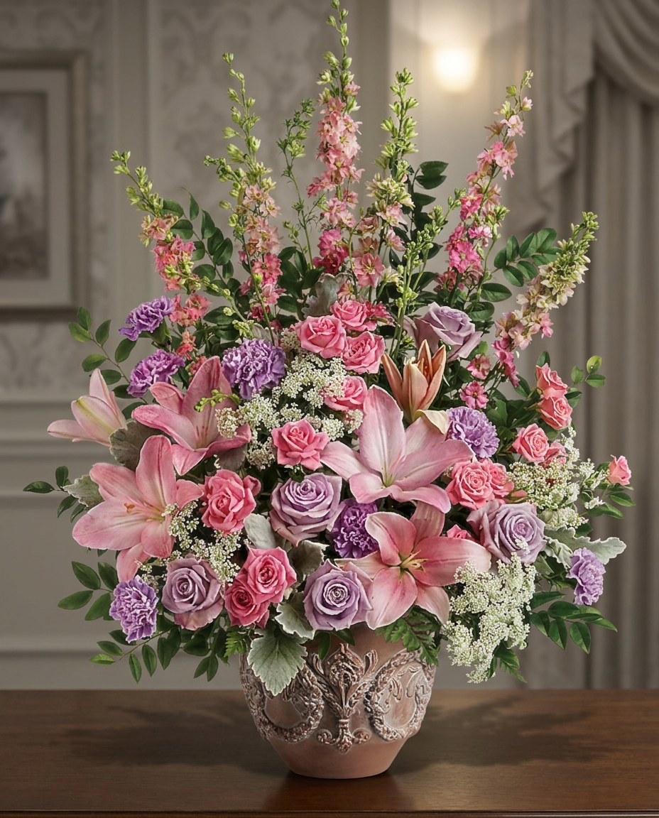 Pink and lavender flowers with leafy greenery in a large, antique-style Classical Garlands pot.