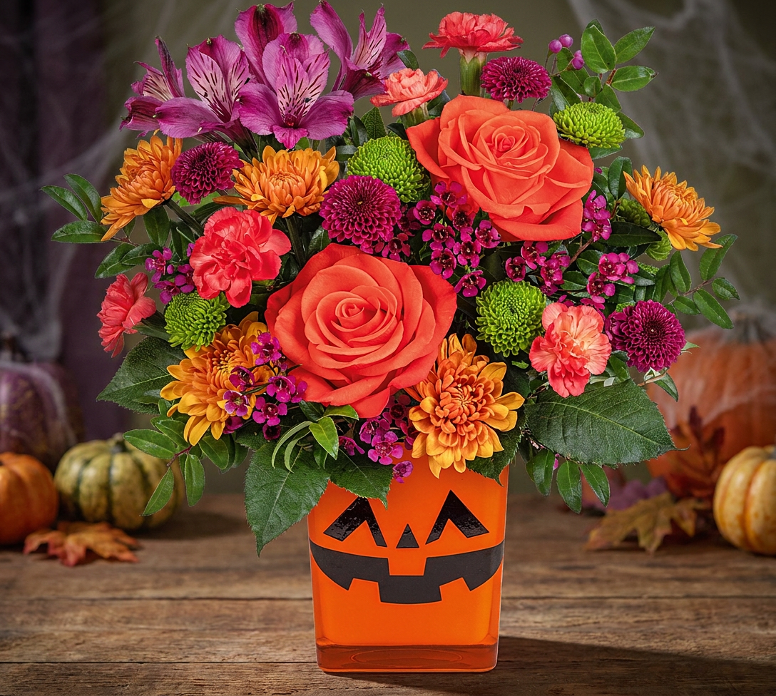 Autumn bouquet with orange roses, white lilies, and fall foliage.